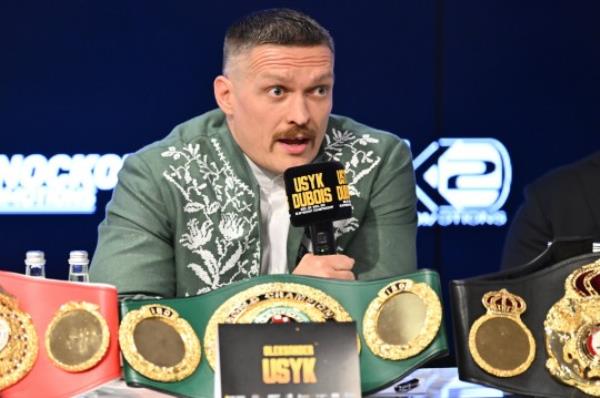 Oleksandr Usyk of Ukraine during a press co<em></em>nference in Wroclaw, Poland, 24 August 2023. The world heavyweight title fight between IBF, WBA, and WBO titleholder Oleksandr Usyk and Daniel Dubois
