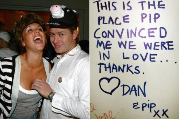 Pip Edwards and Dan Single in 2006 (left) and a note Single wrote on the wall a<em></em>bout Edwards at the farewell party for Hugo’s Bo<em></em>ndi restaurant.