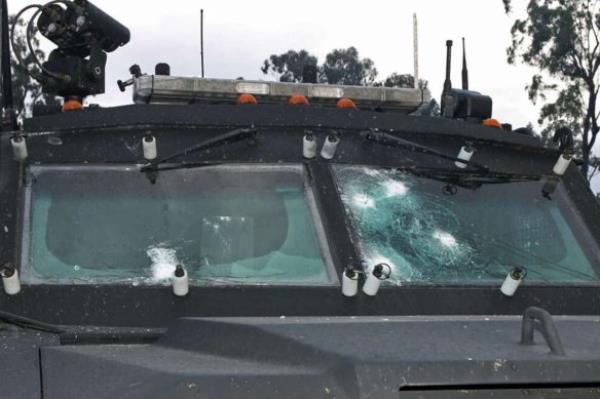 The armoured police BearCat, used by the tactical respo<em></em>nse team that eventually killed the Trains, came under fire.