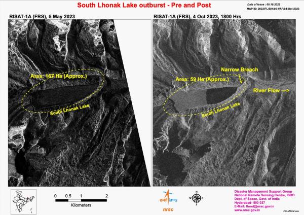 Satellite images of Lho<em></em>nak Lake before and after its outburst in October 2023.