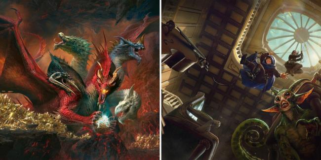 Collage of D&D fifth edition, showing a five-headed dragon and a halfling descending on a rope