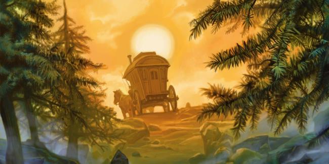 A vistani wagon is being pulled by a horse over a hill towards the sunrise.