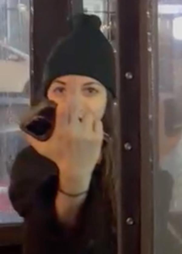 An unidentified woman who went on an antisemitic tirade Sunday at Hummus Kitchen on the Upper East Side, was caught on surveillance footage giving staff the middle finger.