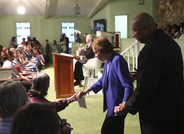 Rosalynn Carter arrives as President Jimmy Carter returns to Maranatha Baptist Church to teach Sunday School less than a mo<em></em>nth after falling and breaking his hip on Sunday, June 9, 2019, in Plains, Ga. (Curtis Compton/Atlanta Journal-Co<em></em>nstitution via AP)