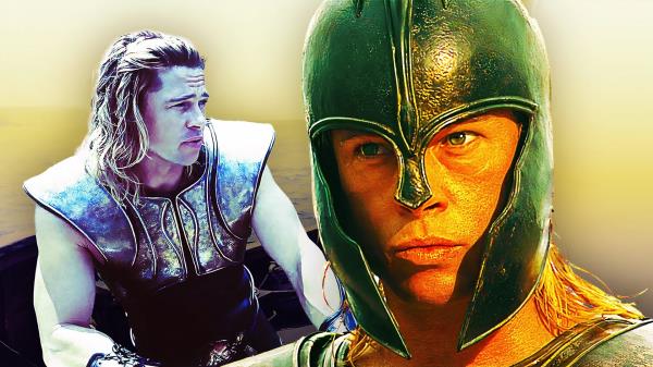 An edited image of Brad Pitt in Troy wearing armor and a helmet