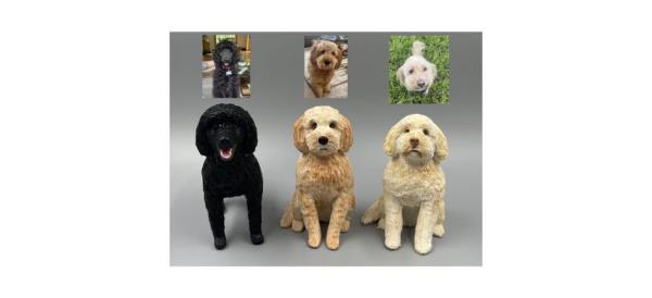 3 JujuGigiClayPlay Perso<em></em>nalized Custom Dog Cake Topper shown next to pictures of their real-life counterparts