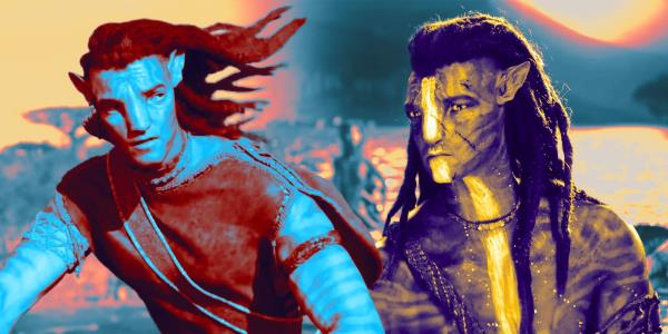 Sam Worthington as Jake Sully in his blue Avatar form riding through the ocean in Avatar: The Way of Water