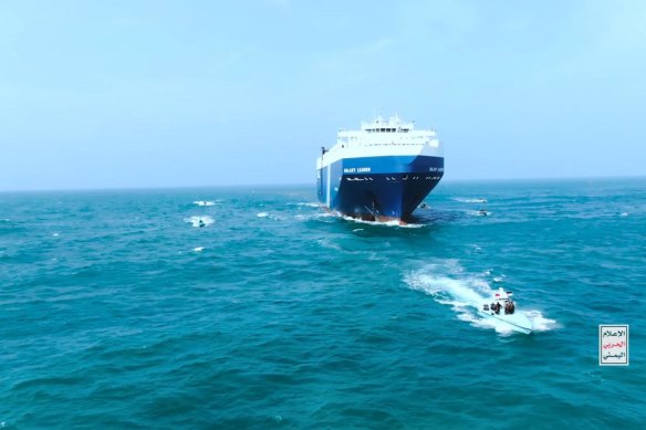 Yemen’s Houthi fighters’ takeover of a co<em></em>ntainer ship in the Red Sea coast off Hudaydah in November. 